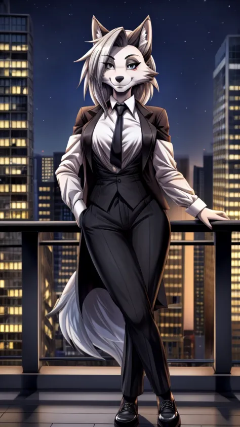 Loona from Helluva Boss, female wolf, anthro, mature adult, white short fluffy hair, grey eyes, tall, white shirt with black tie...