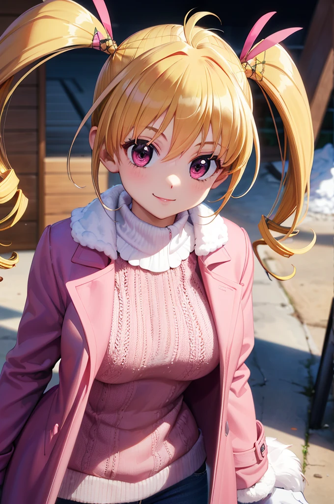 masterpiece, highest quality, High resolution, HMBK1, 1 girl, twin tails, drill hair, blonde, long hair, pink eyes, (pink collarless coat:1.3), (fur coat:1.3), (close the front of the coat:1.3), pink sweater, denim jeans, (white muffler:1.3), knit gloves, city, In front of the station, smile, extreme close up