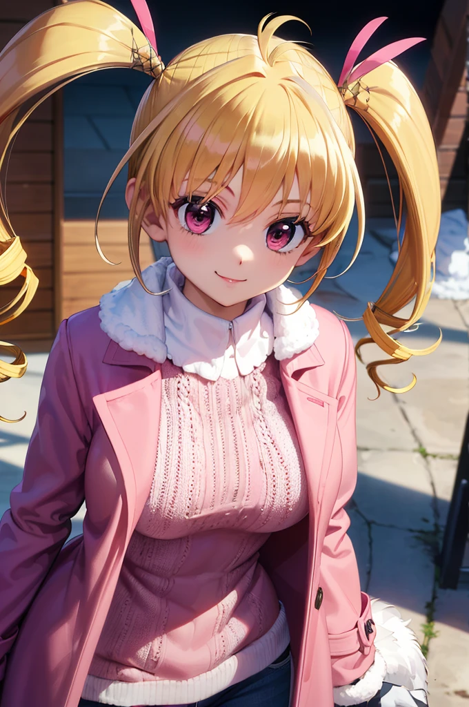 masterpiece, highest quality, High resolution, HMBK1, 1 girl, twin tails, drill hair, blonde, long hair, pink eyes, (pink collarless coat:1.3), (fur coat:1.3), (close the front of the coat:1.3), pink sweater, denim jeans, (white muffler:1.3), knit gloves, city, In front of the station, smile, extreme close up