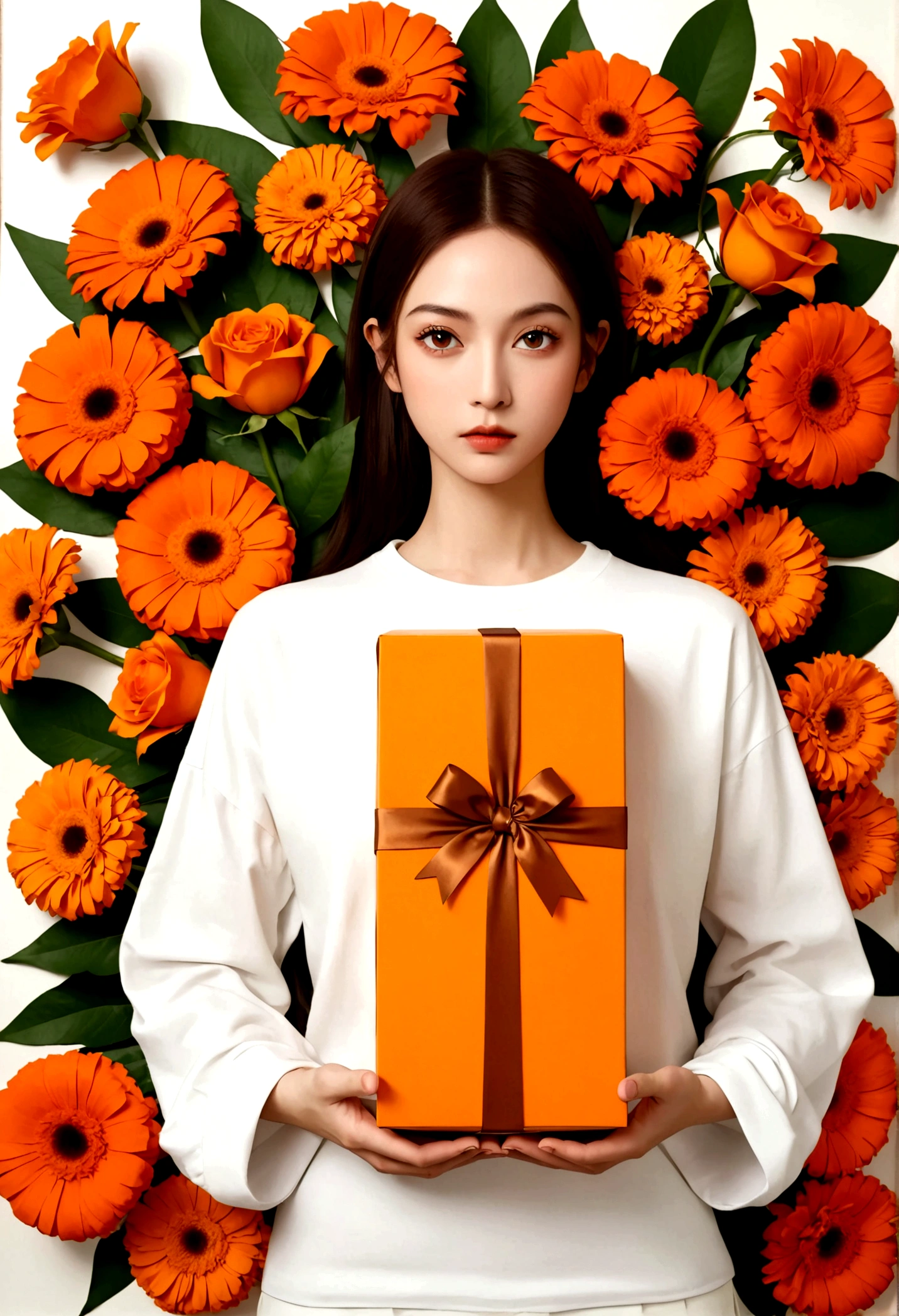 Diseño de posters，La cara es una caja de regalo naranja gigante.，flores，cinta，Camisa blanca con cuello redondo，fantasía，Minimalism，fantasía，Estilo Hev Kahraman