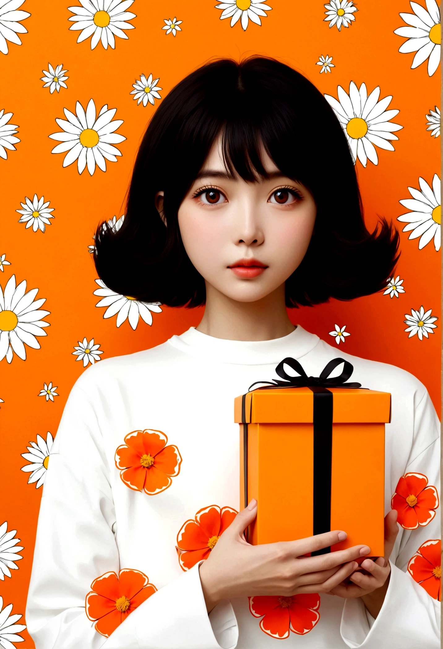 poster design，The face is a giant orange gift box，Flowers，Ribbon，White crewneck shirt，fantasy，Minimalism，fantasy，Kusama Yayoi style