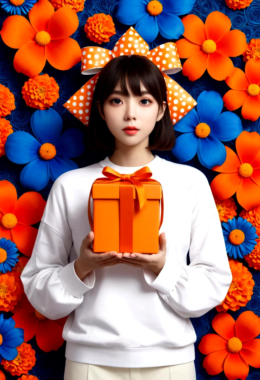 poster design，The face is a giant orange gift box，Flowers，Ribbon，White crewneck shirt，fantasy，Minimalism，fantasy，Kusama Yayoi style