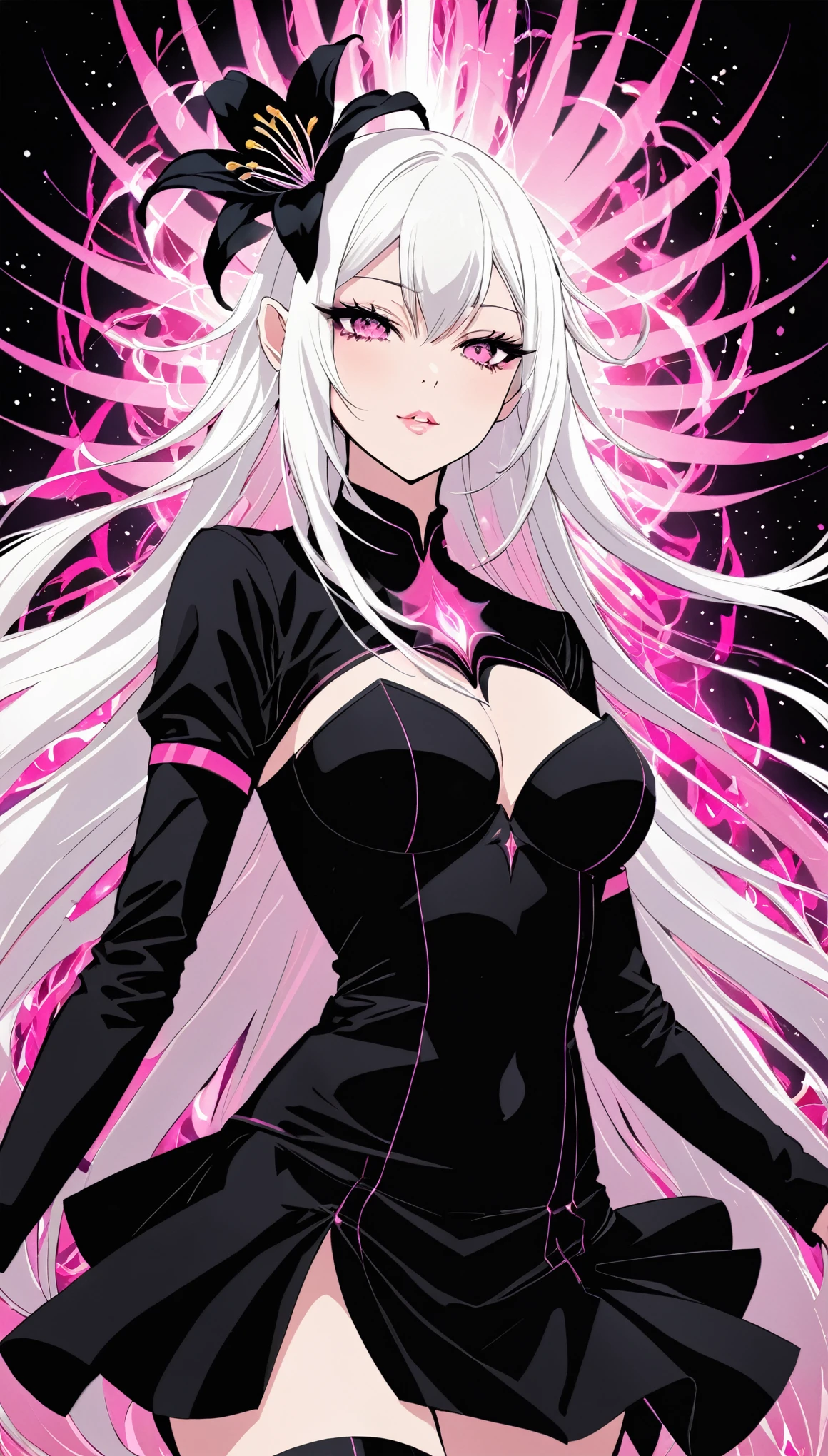 (in style of Jillian Tamaki:0.9),
1girl,long white hair,black uniform,stockings,bust,
pink energy effect,(solo huge black lily :1.4),