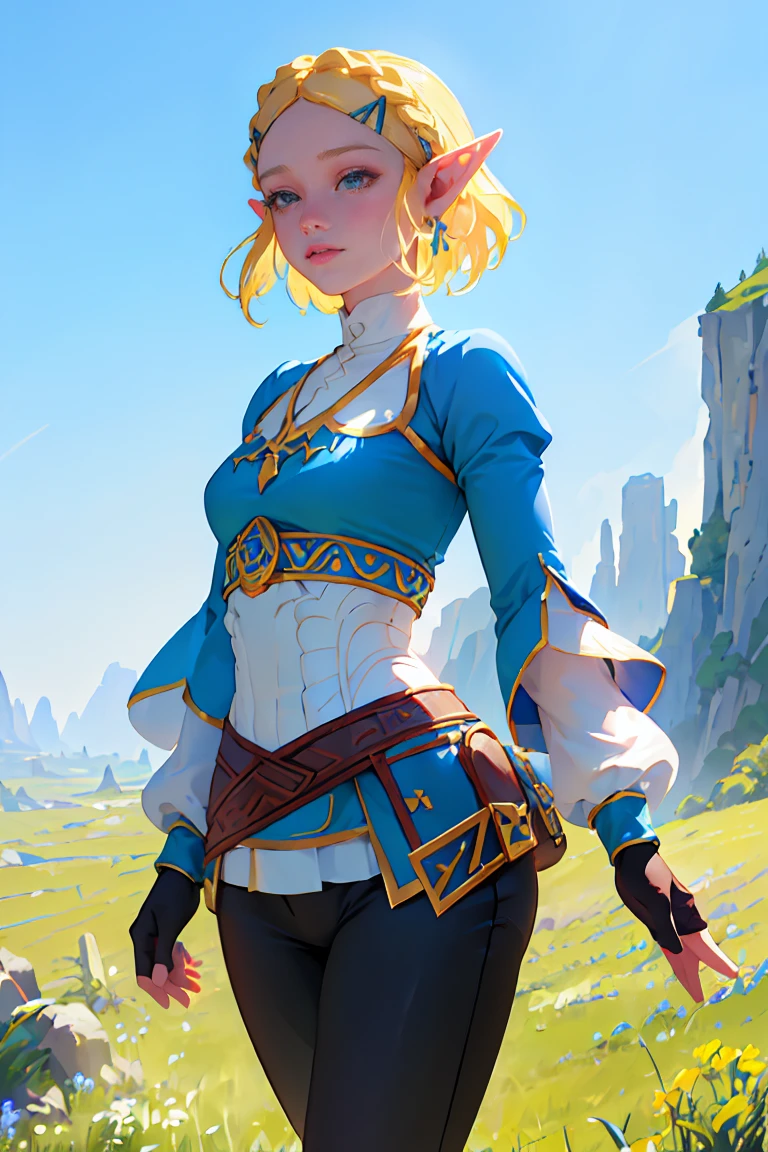 ((Masterpiece, top quality, high resolution)), ((highly detailed CG unified 8K wallpaper)), 1girl, Princess Zelda, short hair, crown braid, hairclip, pointy ears, brown cape, blue shirt, puffy sleeves, long sleeves, fingerless gloves, black gloves, black panties, tight pants, aazelda, long hair, crown braid, hairclip, pointy ears, blue shirt, long sleeves, fingerless gloves, black gloves, black pants, tight pants sweating, outdoors, grass, meadow, cliffs, stony,