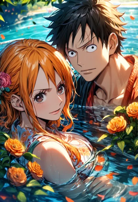 ultra detailed, highres, absurdres, hdr, luffy, black eyes, black hair, nami, orange hair, brown eyes, one piece, flowers, petal...