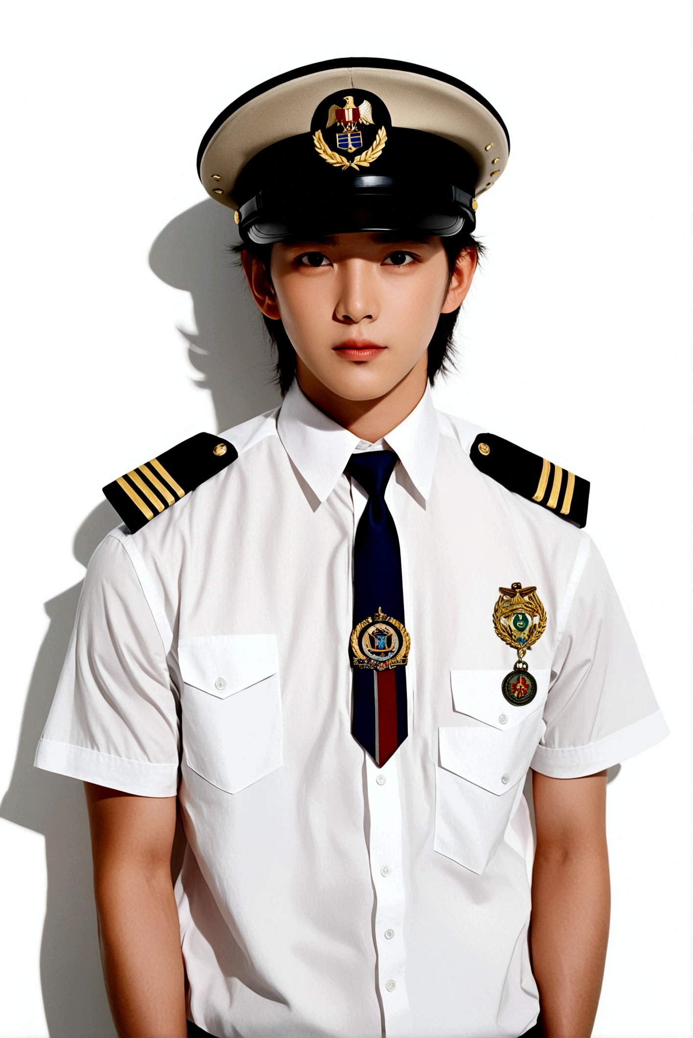 solo, looking at viewer, short hair, simple background, shirt, black hair, 1boy, hat, white background, white shirt, upper body, male focus, necktie, artist name, uniform, military, military uniform, black necktie, military hat, badge, medal