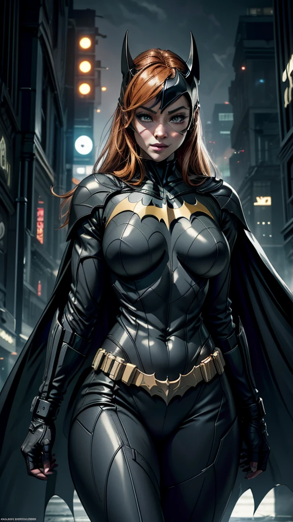 ((Batgirl in a high-tech vigilante outfit with the Batman symbol on her chest., Orange hair and light eyes, In the dark night of Gotham City, Cape that flows with the wind)),(best quality,4K,8K,height,Masterpiece:1.2),very detailed,(realistic,photorealistic,photo-realistic:1.37),Detailed facial features,ดวงตาและใบหน้าที่very detailed,Long eyelashes,Intricate costume details,incredible light,Mood swings,movie elements,((Yellow LED light)), สวมหมวกแบทแมน Asian beauty Girl naked, show your tits, beautiful tits, big tits, natural tits,esbian body, pink tits 