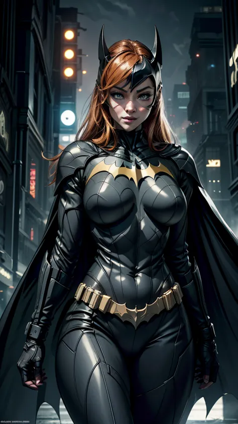 ((Batgirl in a high-tech vigilante outfit with the Batman symbol on her chest., Orange hair and light eyes, In the dark night of...