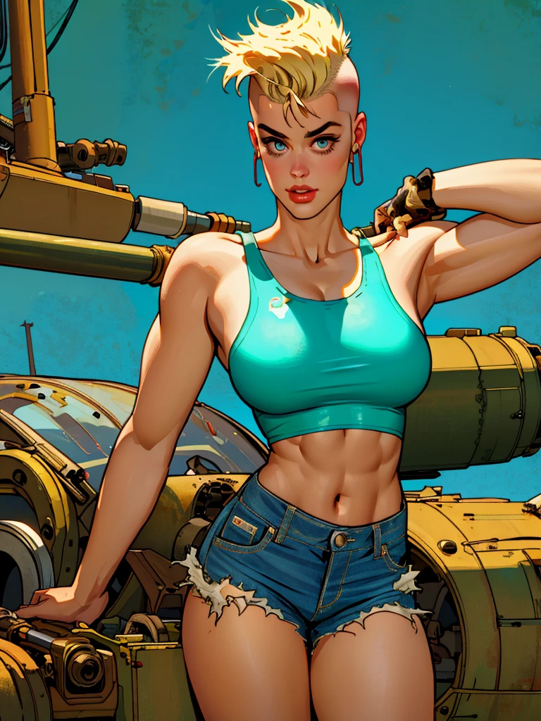 ((( fully body ))), master part, best qualityer, super detaill, 8K, gorgeous woman, Stefania Ferrario as a Tank Girl, parted lips, blonde mohawk hair, Punk Girl, shorts curt com cinta liga, post-apocalyptic world, with a tank in the background, (( of the tank )), niji style, torn and dirty clothes, short mohawk, sides of shaved head, clean face
