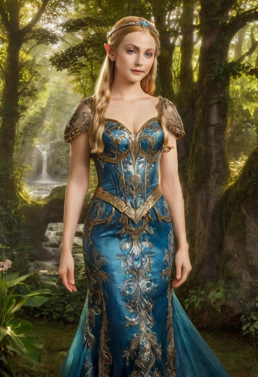 a masterful portrait done by Leonardo De Vinci of Princess Zelda, full body, ((anatomically correct: 1.5)), wearing intricate glamour elven dress,  elven forest background background, Ultra-high resolution, High Contrast, (masterpiece:1.5), highest quality, Best aesthetics), best details, best quality, highres, 16k, [ultra detailed], masterpiece, best quality, (extremely detailed), chumbasket art style, dvnc, evening dress