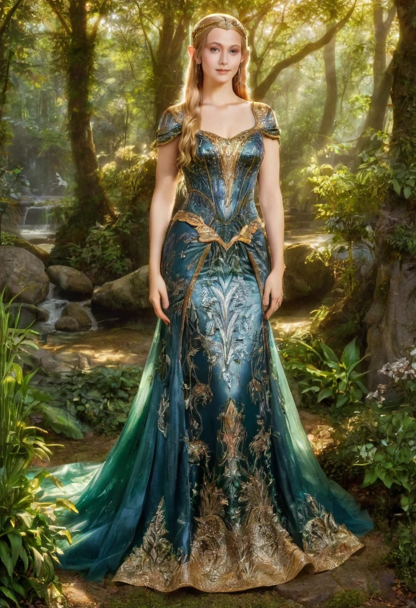 a masterful portrait done by Leonardo De Vinci of Princess Zelda, full body, ((anatomically correct: 1.5)), wearing intricate glamour elven dress,  elven forest background background, Ultra-high resolution, High Contrast, (masterpiece:1.5), highest quality, Best aesthetics), best details, best quality, highres, 16k, [ultra detailed], masterpiece, best quality, (extremely detailed), chumbasket art style, dvnc, evening dress