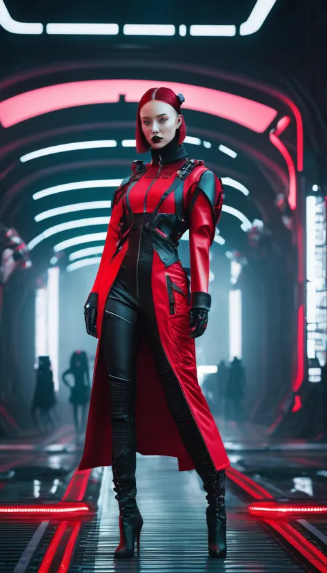 A fashion runway for alien technology , Cyberpunk urban photography , Inspired by futuristic space girl and dark gothic。(Best qu...