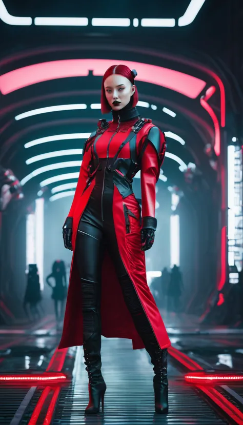 a fashion runway for alien technology , cyberpunk urban photography , inspired by futuristic space girl and dark gothic。(best qu...