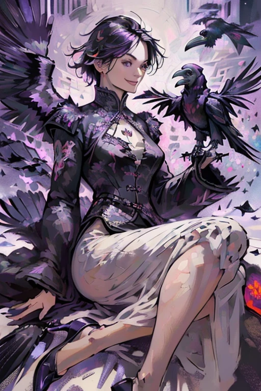 ((playing with a raven:1.4)).(rule of thirds:1.4),((hyper-realistic illustration:1.4)). Pretty 27 yo Chinese woman, Short, beautiful figure, cute butt. (smile), Sheer lace dress, high heels. Masterpiece, best quality,(highly detailed:1.2),(detailed face and eyes:1.2), depth of field, 8k wallpaper, natural lighting, core shadows, high contrast, bokeh.
