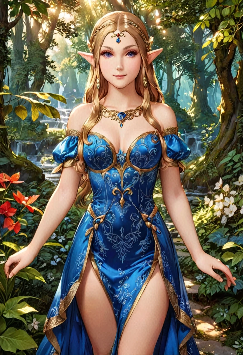 a masterful portrait done by Leonardo De Vinci of Princess Zelda, ((anatomically correct: 1.5)), wearing intricate glamour elven dress,  elven forest background background, Ultra-high resolution, High Contrast, (masterpiece:1.5), highest quality, Best aesthetics), best details, best quality, highres, 16k, [ultra detailed], masterpiece, best quality, (extremely detailed), chumbasket art style, dvnc, evening dress