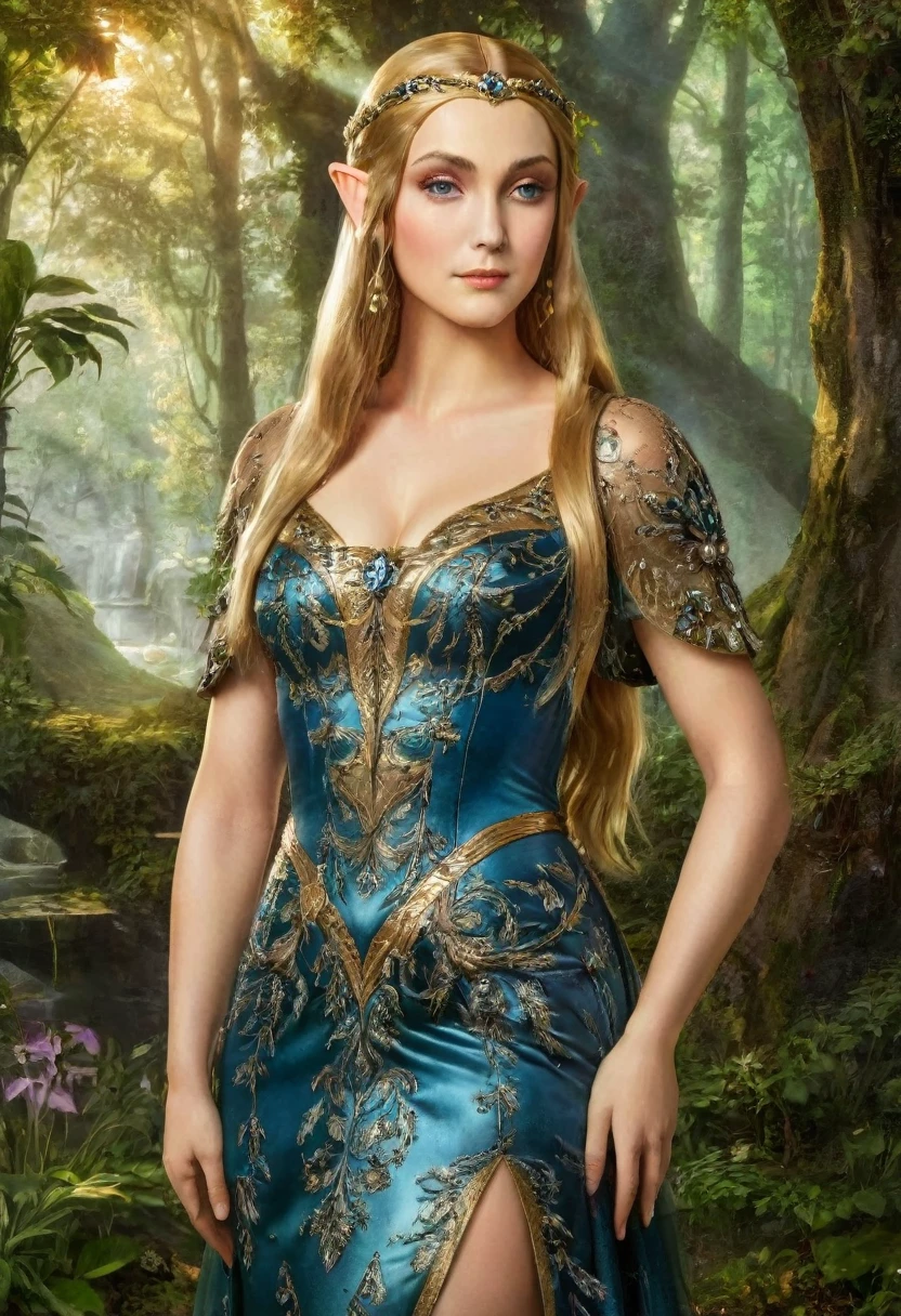 a masterful portrait done by Leonardo De Vinci of Princess Zelda, ((anatomically correct: 1.5)), wearing intricate glamour elven dress,  elven forest background background, Ultra-high resolution, High Contrast, (masterpiece:1.5), highest quality, Best aesthetics), best details, best quality, highres, 16k, [ultra detailed], masterpiece, best quality, (extremely detailed), chumbasket art style, dvnc, evening dress