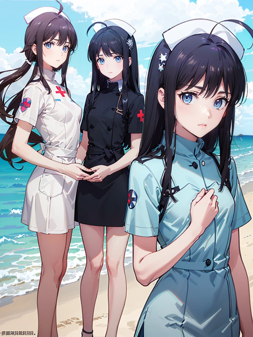 (((High resolution:1.5))), (((Very detailedな:1.5))), (((Three Girls:1.3))),((７Head to Body:1.3))、 (((beach,Outdoor、Midday light background)))、(((Happy expression))), (((smile:1.5)))、(((Beautiful and detailed eyes:1.3))), (((Very detailed))), (((Details face:1.5))), break ,sunny、(((White nursing uniform、nurse:1.5))),(((Very delicate body:1.3)))、(((Very flat chest:1.5)))、((Small waist))、((thigh gap:1.3))、Friendly atmosphere、(((spread legs:1.3))),(from side:1.2),(tanlines:1.3),(((Embrace:1.3)))、Normal limbs、(((Ahoge:1.3)))、