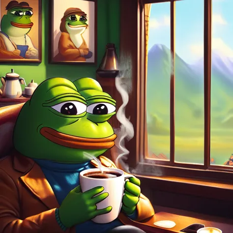 pepe the frog having a coffee relaxing