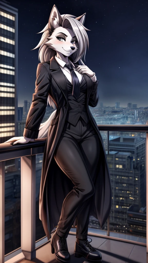 Loona from Helluva Boss, female wolf, anthro, mature adult, white short fluffy hair, grey eyes, tall, white shirt with black tie, black pants, black shoes, brown trench coat, smile, detailed, solo, beautiful, high quality, manhwa style, in a balcony, city on background, at night, 4K