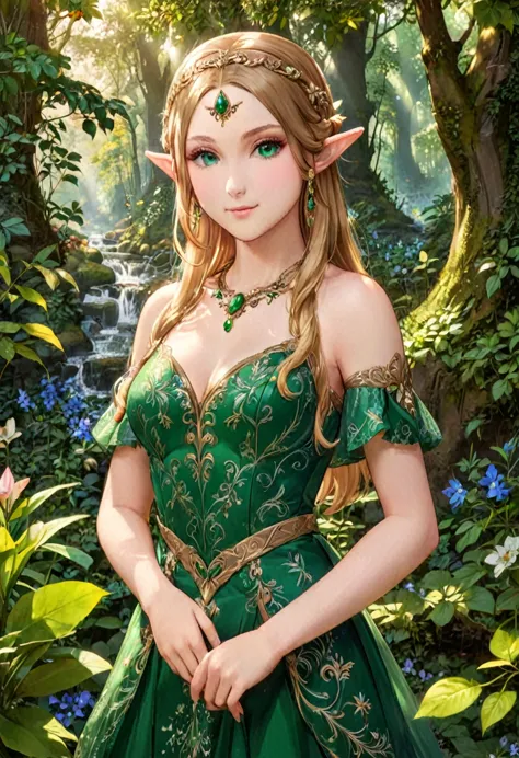 a masterful portrait done by leonardo de vinci of princess zelda, ((anatomically correct: 1.5)), wearing intricate glamour green...