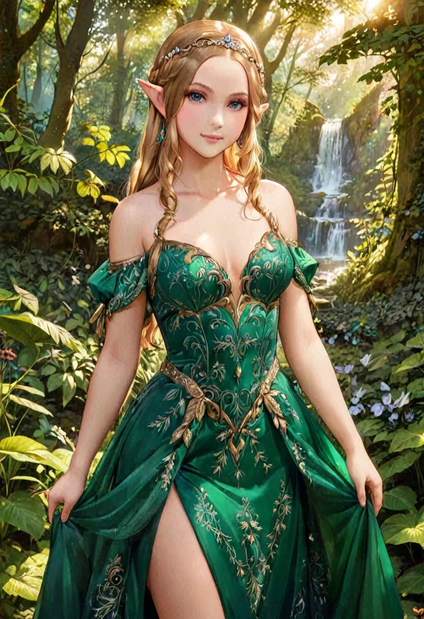 a masterful portrait done by Leonardo De Vinci of Princess Zelda, ((anatomically correct: 1.5)), wearing intricate glamour green elven dress,  elven forest background background, Ultra-high resolution, High Contrast, (masterpiece:1.5), highest quality, Best aesthetics), best details, best quality, highres, 16k, [ultra detailed], masterpiece, best quality, (extremely detailed), chumbasket art style, dvnc, evening dress