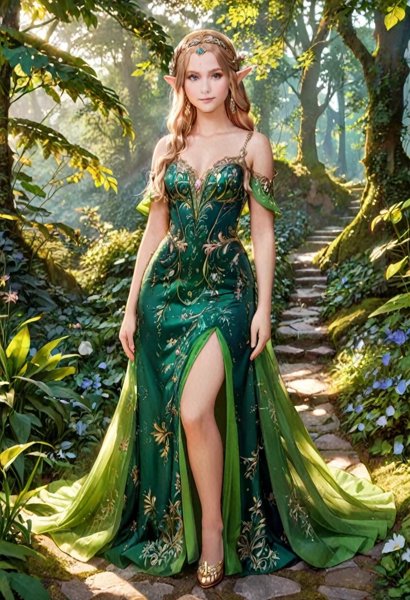 a masterful portrait done by Leonardo De Vinci of Princess Zelda, ((anatomically correct: 1.5)), wearing intricate glamour green elven dress,  elven forest background background, Ultra-high resolution, High Contrast, (masterpiece:1.5), highest quality, Best aesthetics), best details, best quality, highres, 16k, [ultra detailed], masterpiece, best quality, (extremely detailed), chumbasket art style, dvnc, evening dress