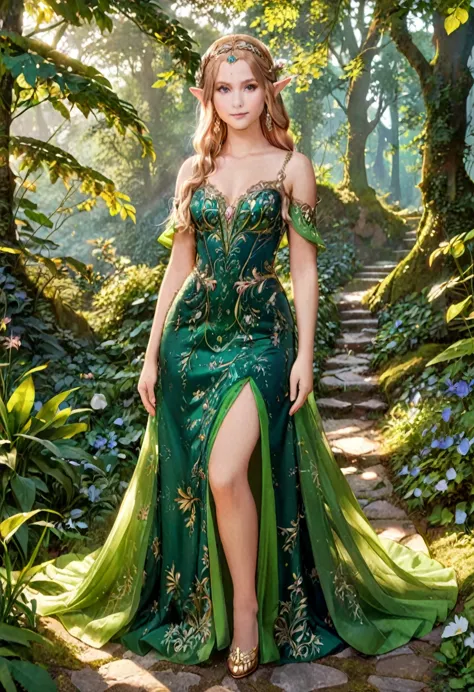 a masterful portrait done by leonardo de vinci of princess zelda, ((anatomically correct: 1.5)), wearing intricate glamour green...