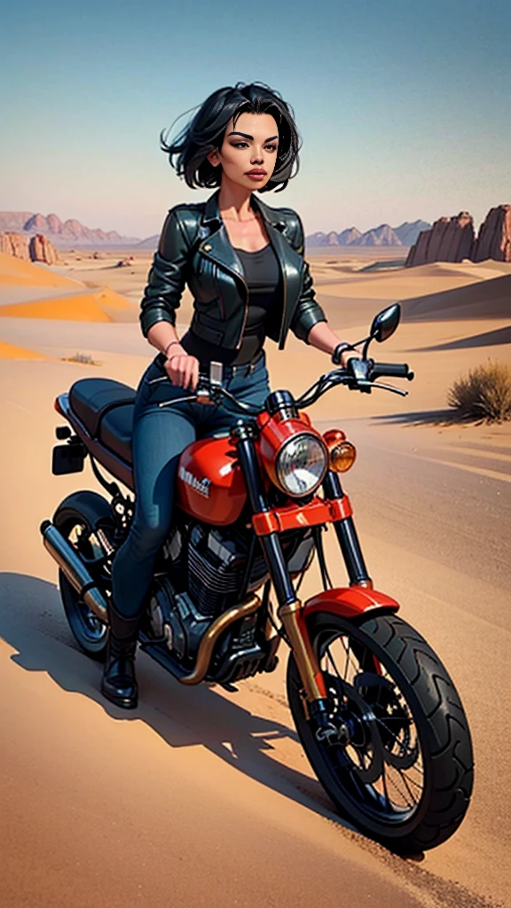 一个女人, 用生动的油画表现, 自信地站在阳光普照的沙漠公路上, 周围散落着工具和摩托车零件, 她精心组装了一辆定制的摩托车，上面装饰着鲜艳的, 深红色辣椒编织到底盘上, 散发出强烈的独立感. 温暖的, 沙漠景观的金色色调与丰富的, 自行车的金属色调, 当女人穿着, 棕色皮夹克增添了一丝粗犷的优雅, 仿佛来自西方电影的幻想.