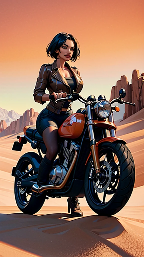 一个女人, 用生动的油画表现, 自信地站在阳光普照的沙漠公路上, 周围散落着工具和摩托车零件, 她精心组装了一辆定制的摩托车，上面装饰着鲜艳的, 深红色辣椒编织到底盘上, 散发出强烈的独立感. 温暖的, 沙漠景观的金色色调与丰富的, 自行车的金属色调, 当女人穿着, 棕色皮夹克增添了一丝粗犷的优雅, 仿佛来自西方电影的幻想.