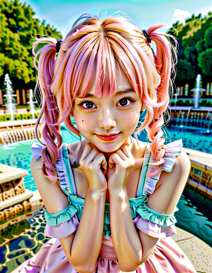 (watercolor:1.2), (close up face), best quality, masterpiece, extremely cute and tender girl, cute pose, sweet smile, (petite), beautiful tender eyes symmetrical, (beautiful and detailed face), beautiful long twintail hair, (pastel pink hair:1.3), blunt bangs, nice hands, perfect hands, (summer fountain terrace:1.3), sweet cake-inspired motif frilly sundress, a lot of frills, frilly sleeves, kawaiitech, pastel colors, kawaii, cute colors