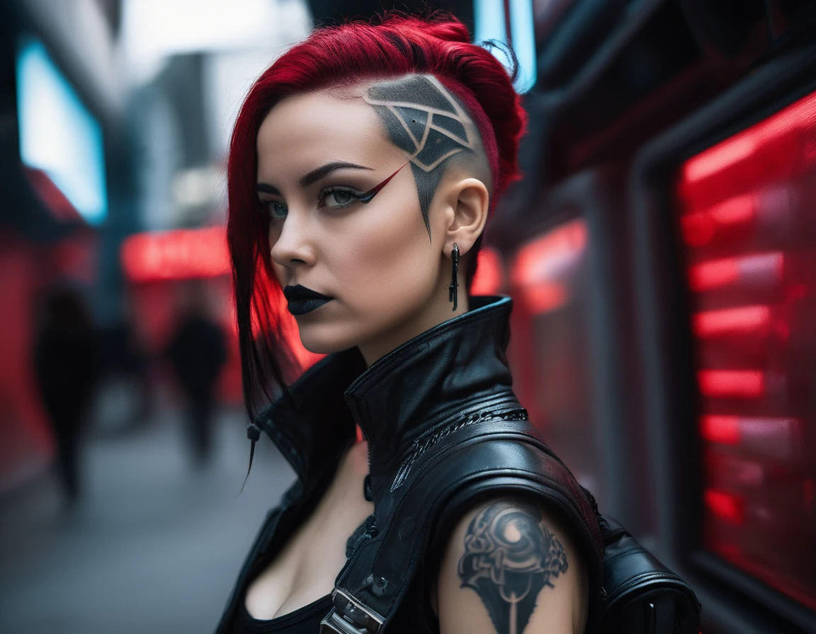 A candid portrait of a future girl, Cyberpunk urban photography , Inspired by futuristic leather fashion, tattoo and dark gothic。(Best quality,4K,8K,A high resolution,Masterpiece:1.2), (Realistic,Photorealistic,photo-realistic:1.37), red and black.