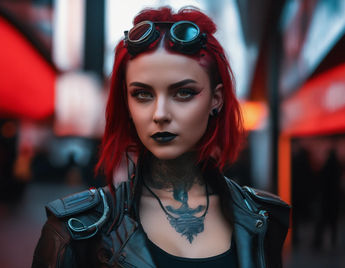 Ein offenes Porträt eines zukünftigen Mädchens, Cyberpunk urban photography , Inspiriert von futuristischer Ledermode, Tattoo und dunkle Gothic。(beste Qualität,4K,8K,Eine hohe Auflösung,Meisterwerk:1.2), (realistisch,fotorealistisch,fotorealistisch:1.37), rot und Schwarz.