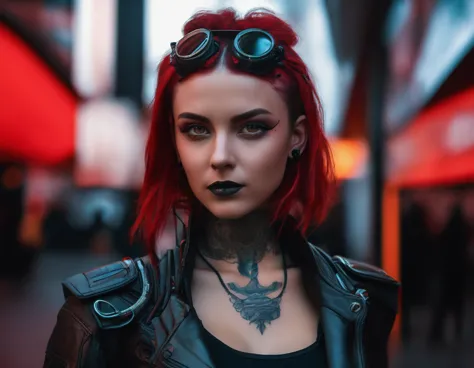 A candid portrait of a future girl, Cyberpunk urban photography , Inspired by futuristic leather fashion, tattoo and dark gothic...