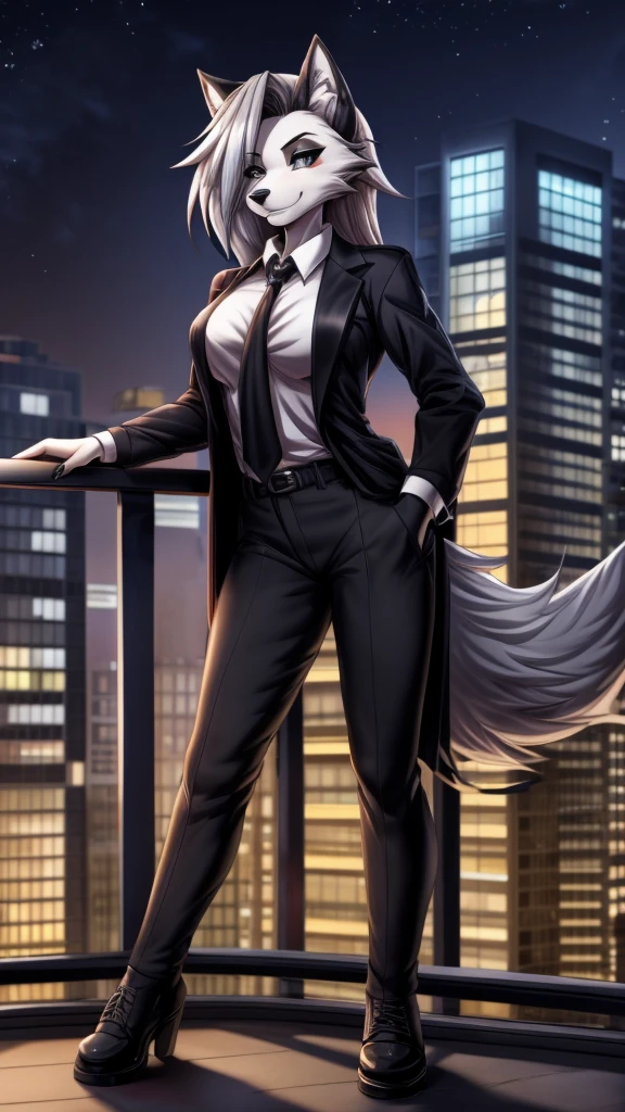 Loona from Helluva Boss, female wolf, anthro, mature adult, white short fluffy hair, grey eyes, tall, white shirt with black tie, black pants, black shoes, brown trench coat, slightly smiling, detailed, solo, beautiful, high quality, manhwa style, in a balcony, city on background, at night, 4K