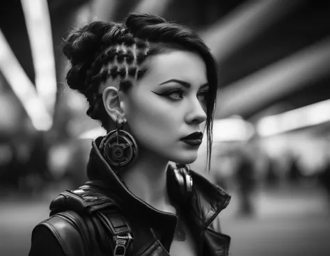 A candid portrait of a future girl, Cyberpunk urban photography , Inspired by futuristic leather fashion, tattoo and dark gothic...