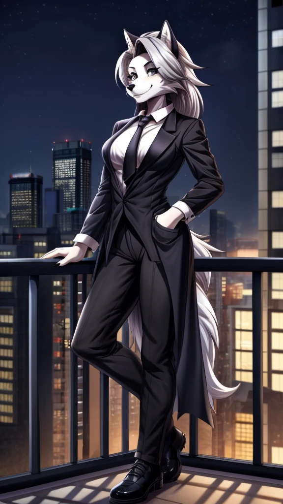 Loona from Helluva Boss, female wolf, anthro, mature adult, white short fluffy hair, grey eyes, tall, white shirt with black tie, black pants, black shoes, brown overcoat, smile, detailed, solo, beautiful, high quality, manhwa style, in a balcony, city on background, at night, 4K
