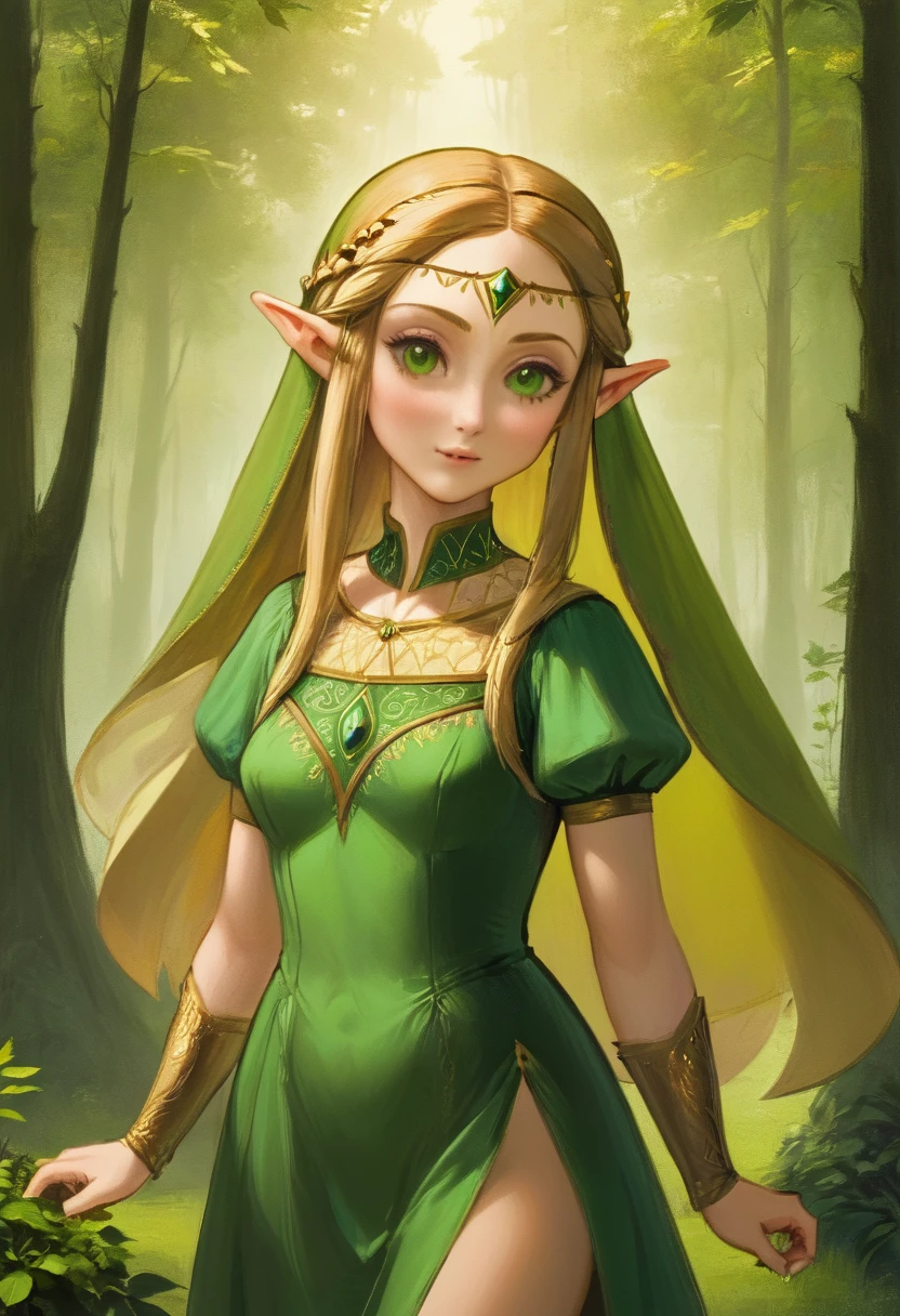 a masterful best quality, award winning masterpiece, portrait done by Leonardo De Vinci of Princess Zelda, ((anatomically correct: 1.5)), wearing intricate glamour green elven dress, elven forest background background, Ultra-high resolution, High Contrast, (masterpiece:1.5), highest quality, Best aesthetics), best details, best quality, highres, 16k, [ultra detailed], masterpiece, best quality, (extremely detailed), chumbasket art style, dvnc, evening dress