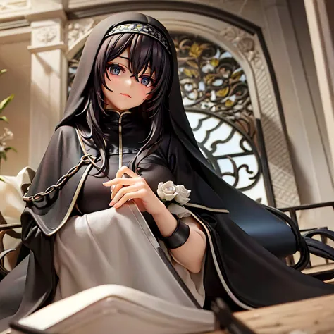 Beautiful lady, with black long hair, nun, scratches on face, Black Closed Clothing, Large cloak, costs