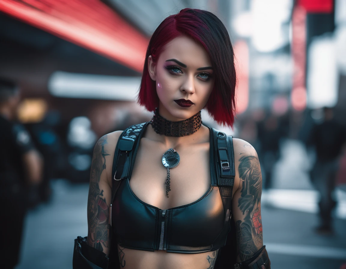 A candid portrait of a future girl, Cyberpunk urban photography , Inspired by futuristic leather fashion, tattoo and dark gothic。(Best quality,4K,8K,A high resolution,Masterpiece:1.2), (Realistic,Photorealistic,photo-realistic:1.37), monocrhomatic and red.