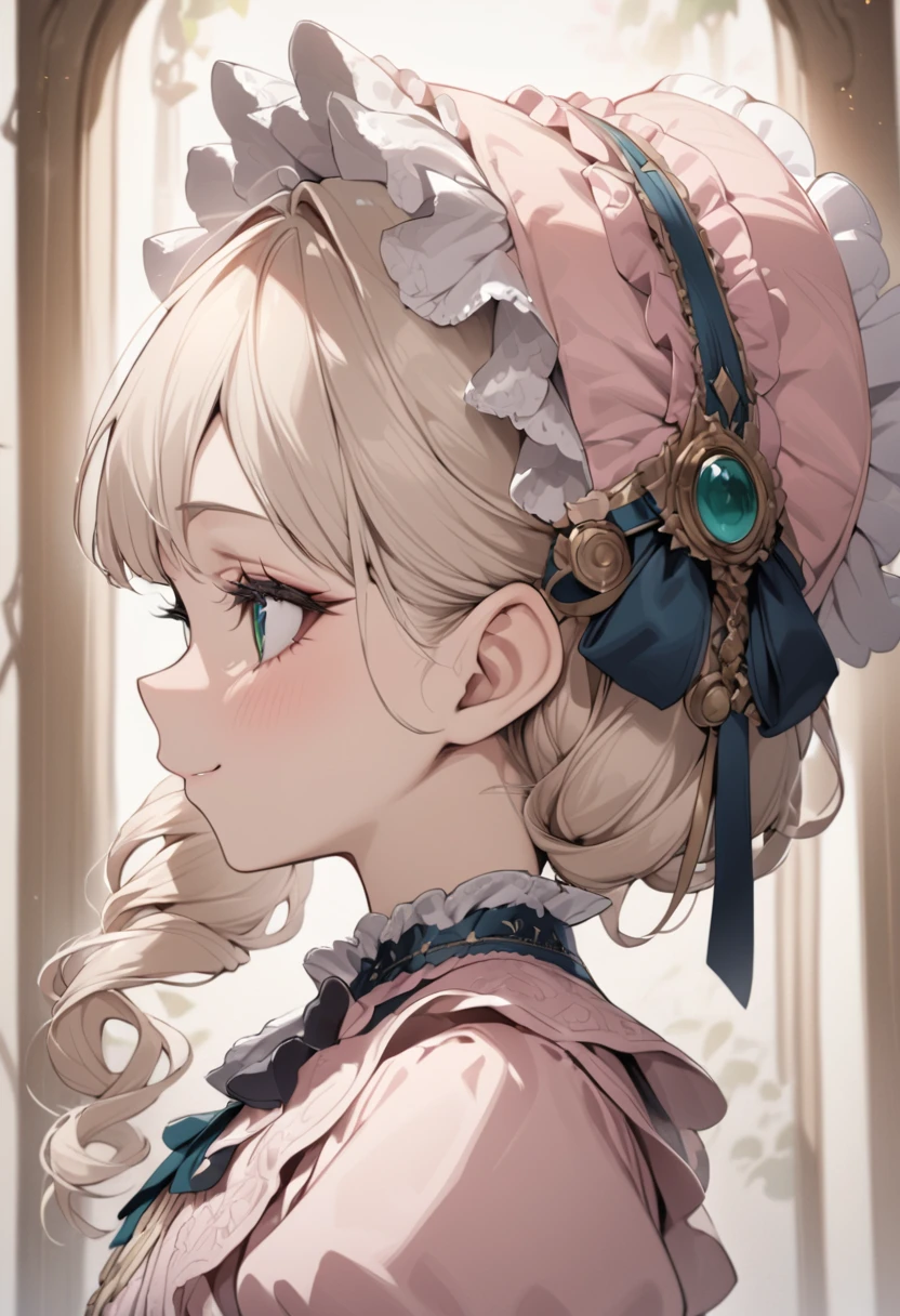 Platinum Blonde hair,sidecurls,curls,emerald green eyes,long eyelashes,(light pink victorian dress),puffy short sleeves,frilled dress,frilly wide brimmed Bonnet with bows,bustshot,masterpiece,highress,soft smile,bishoujo,peterpan collar,profile