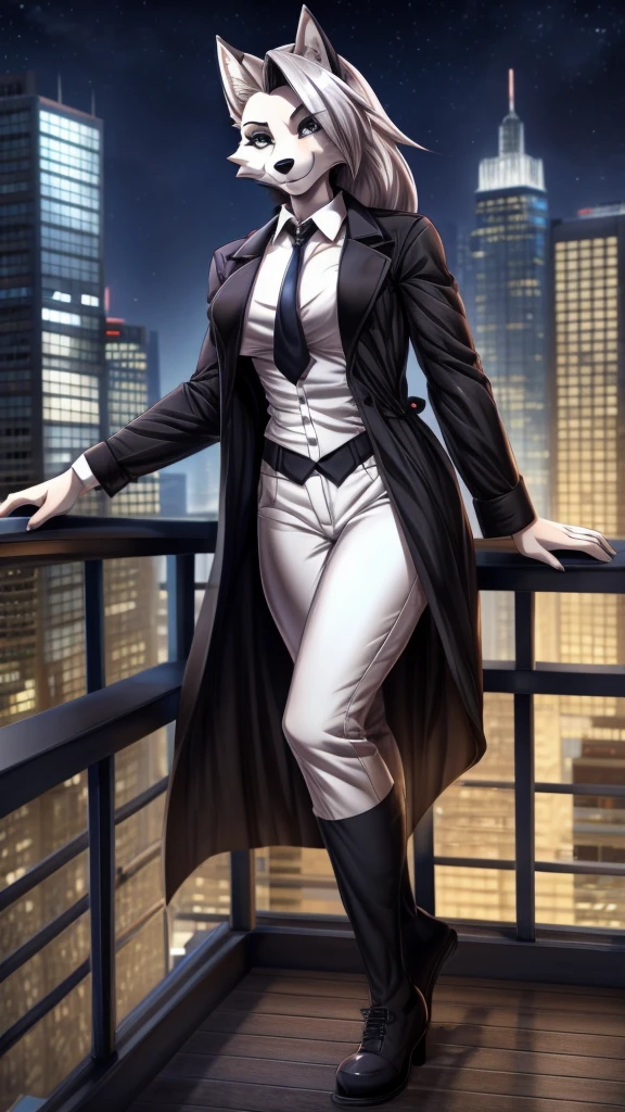Loona from Helluva Boss, female wolf, anthro, mature adult, white short fluffy hair, grey eyes, tall, muscular build, white shirt with black tie, black pants, black shoes, brown trench coat, smile, detailed, solo, beautiful, high quality, manhwa style, in a balcony, city on background, at night, 4K