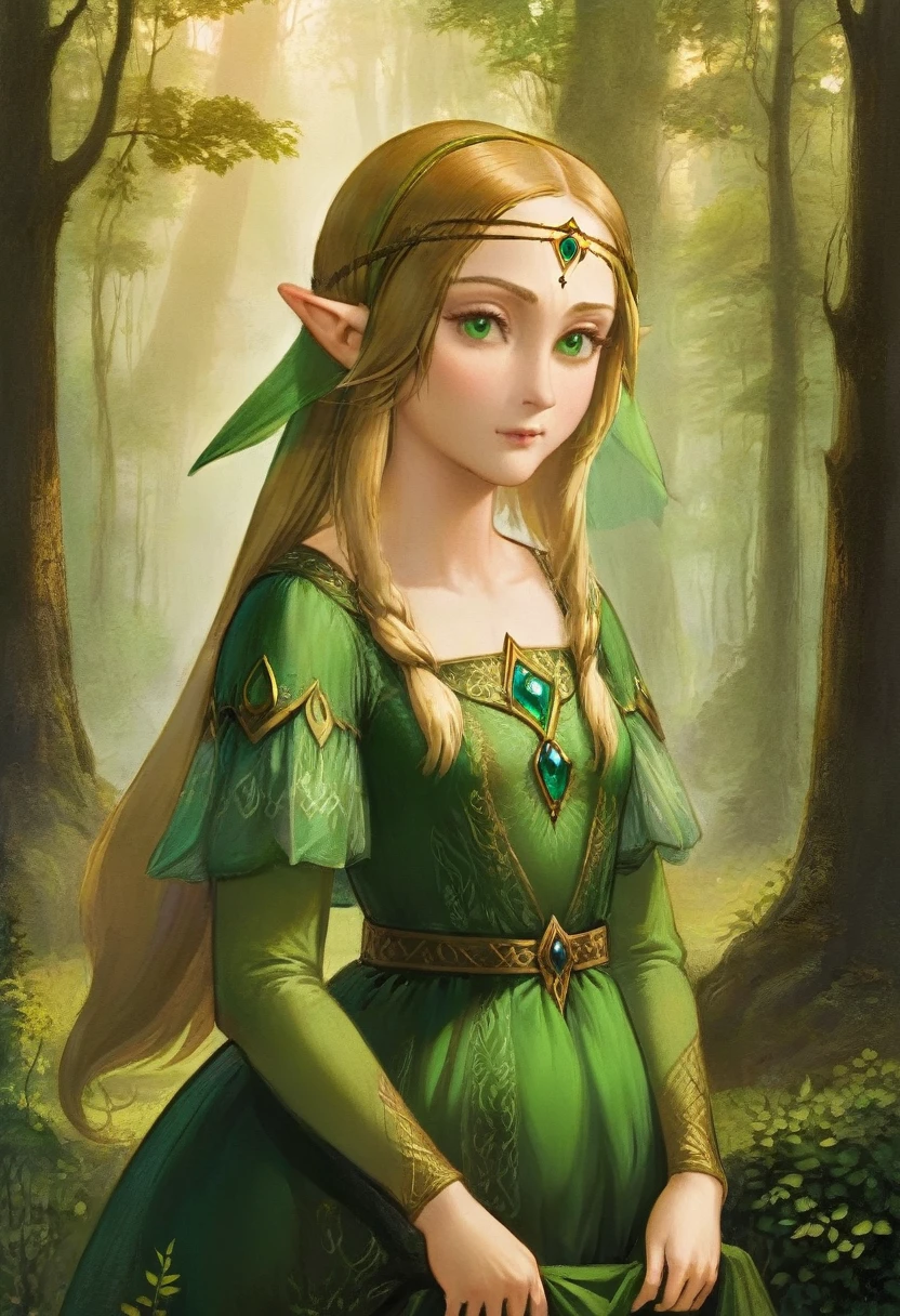 a masterful best quality, award winning masterpiece, portrait done by Leonardo De Vinci of Princess Zelda, ((anatomically correct: 1.5)), wearing intricate glamour green elven dress, elven forest background background, Ultra-high resolution, High Contrast, (masterpiece:1.5), highest quality, Best aesthetics), best details, best quality, highres, 16k, [ultra detailed], masterpiece, best quality, (extremely detailed), chumbasket art style, dvnc, evening dress