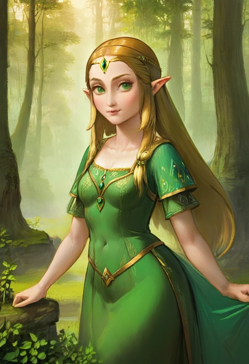 a masterful best quality, award winning masterpiece, portrait done by Leonardo De Vinci of Princess Zelda, ((anatomically correct: 1.5)), wearing intricate glamour green elven dress, elven forest background background, Ultra-high resolution, High Contrast, (masterpiece:1.5), highest quality, Best aesthetics), best details, best quality, highres, 16k, [ultra detailed], masterpiece, best quality, (extremely detailed), chumbasket art style, dvnc, evening dress