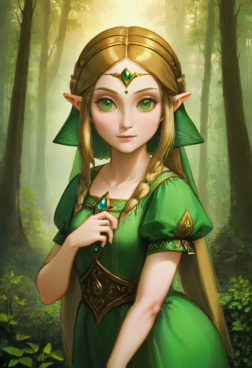 a masterful best quality, award winning masterpiece, portrait done by Leonardo De Vinci of Princess Zelda, ((anatomically correct: 1.5)), wearing intricate glamour green elven dress, elven forest background background, Ultra-high resolution, High Contrast, (masterpiece:1.5), highest quality, Best aesthetics), best details, best quality, highres, 16k, [ultra detailed], masterpiece, best quality, (extremely detailed), chumbasket art style, dvnc, evening dress