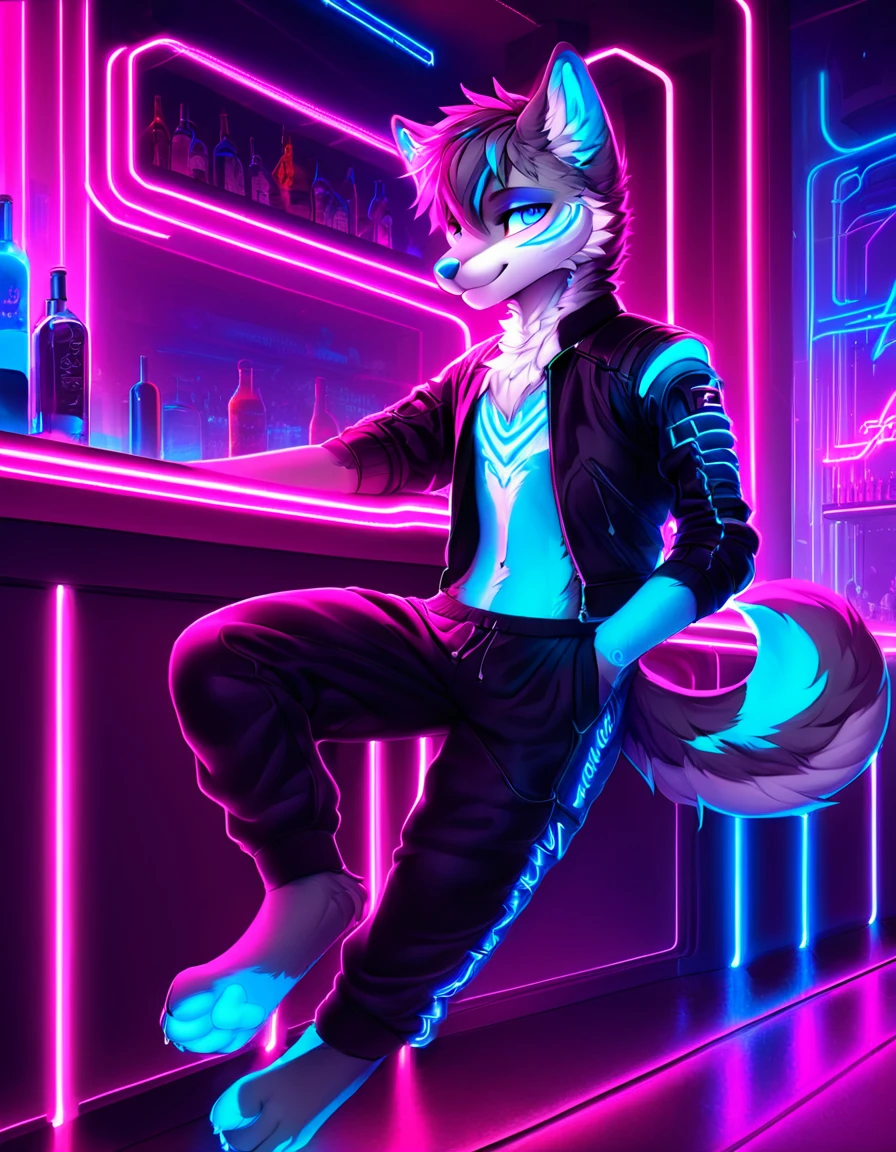 The perfect wolf fursona, male, grey fur, white fur, pink and blue heterochromia eyes, left eye blue, right eye pink and blue, cyber-arm, futuristic leather jacket, sweatpants, barefoot, neon lights, bar, hot, detailed fur, 4k fur, soft fur, solo,bioluminescent markings, bioluminescent markings on body, blue bioluminescent glow, perfect hands, perfect feet, full body, perfect eyes, beautiful eyes, no deformities