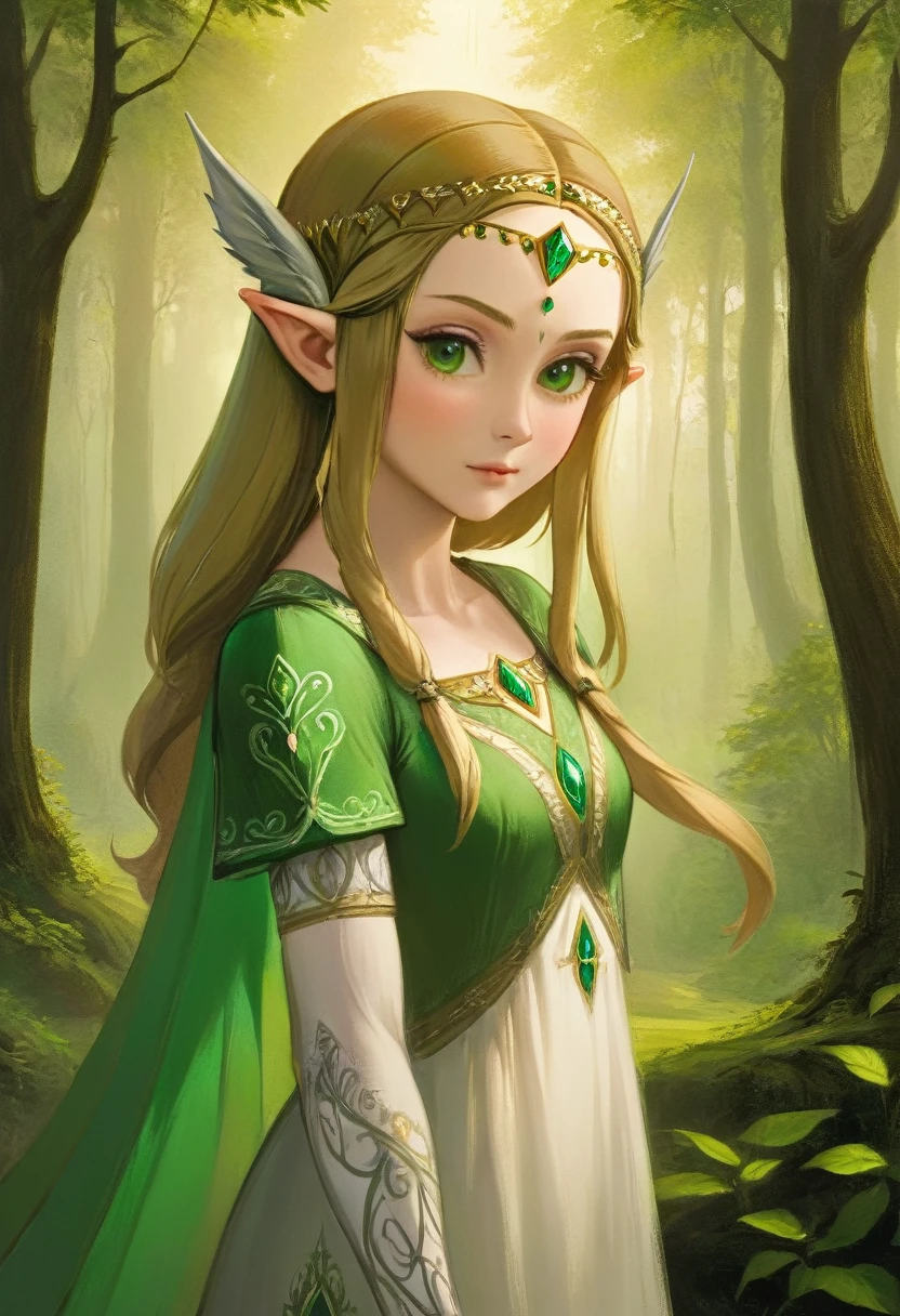 a masterful best quality, award winning masterpiece, portrait done by Leonardo De Vinci of Princess Zelda, ((anatomically correct: 1.5)), wearing intricate glamour green and white elven dress, elven forest background background, Ultra-high resolution, High Contrast, (masterpiece:1.5), highest quality, Best aesthetics), best details, best quality, highres, 16k, [ultra detailed], masterpiece, best quality, (extremely detailed), chumbasket art style, dvnc, evening dress