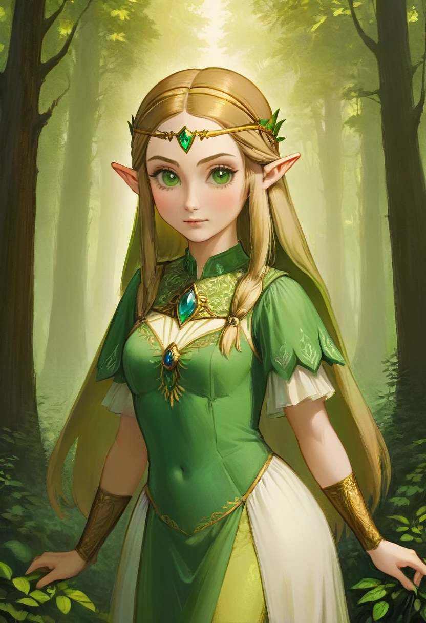 a masterful best quality, award winning masterpiece, portrait done by Leonardo De Vinci of Princess Zelda, ((anatomically correct: 1.5)), wearing intricate glamour green and white elven dress, elven forest background background, Ultra-high resolution, High Contrast, (masterpiece:1.5), highest quality, Best aesthetics), best details, best quality, highres, 16k, [ultra detailed], masterpiece, best quality, (extremely detailed), chumbasket art style, dvnc, evening dress