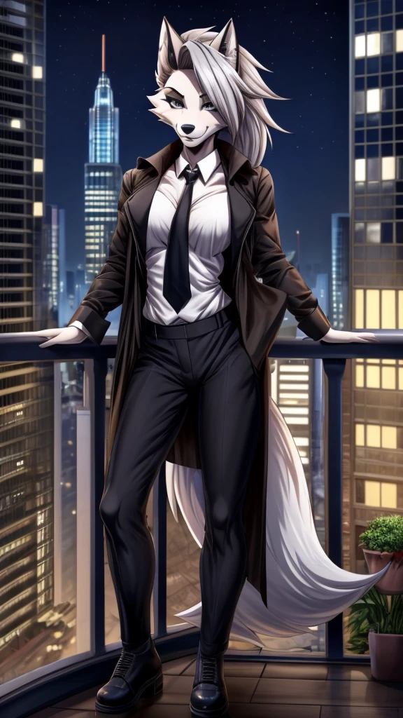 Loona from Helluva Boss, female wolf, anthro, mature adult, white short fluffy hair, grey eyes, tall, muscular, white shirt with black tie, black pants, black shoes, brown trench coat, smile, detailed, solo, beautiful, high quality, manhwa style, in a balcony, city on background, at night, 4K