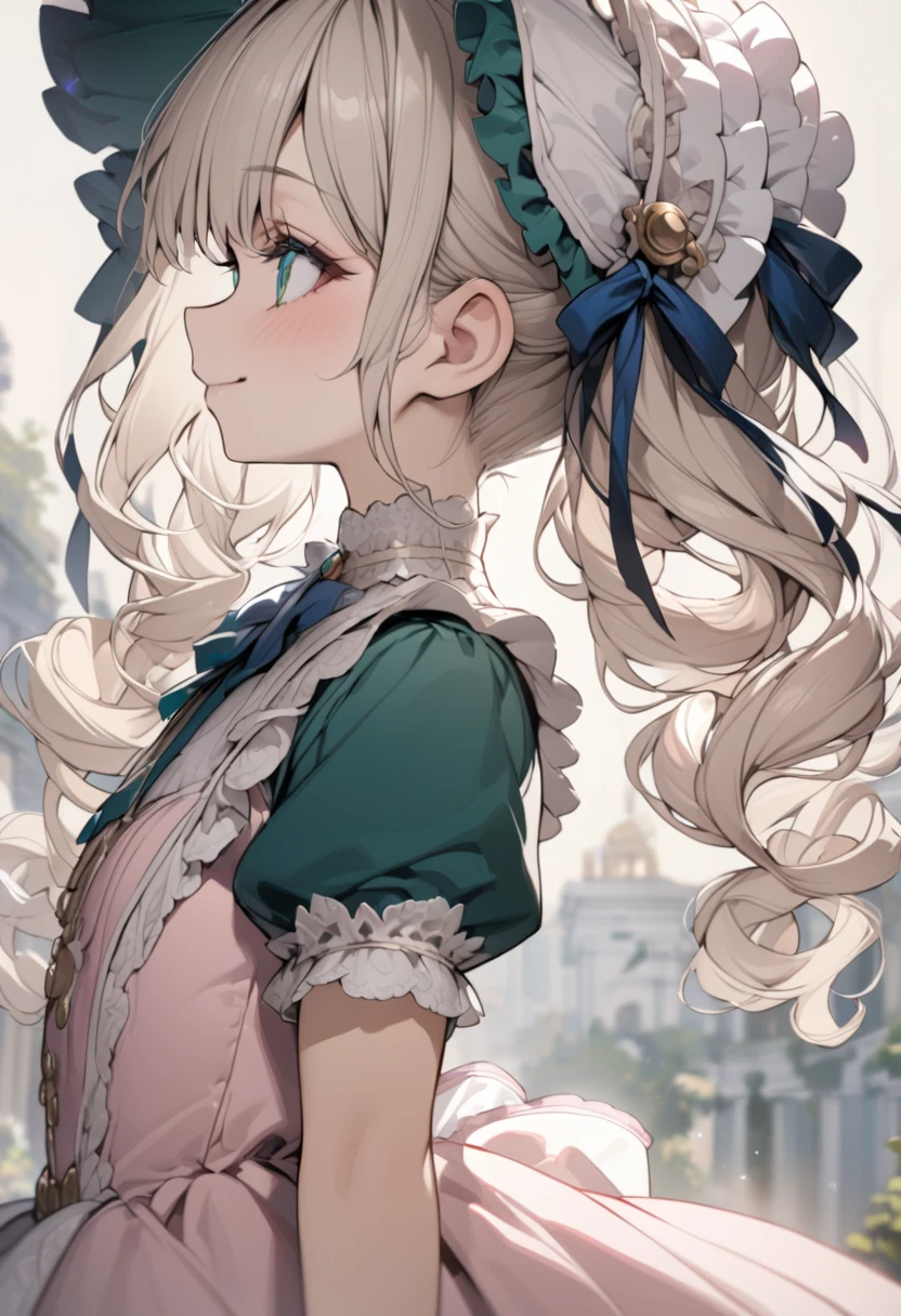 Platinum Blonde hair,sidecurls,curls,emerald green eyes,long eyelashes,(light pink victorian dress),puffy short sleeves,frilled dress,frilly wide brimmed Bonnet with bows,bustshot,masterpiece,highress,soft smile,bishoujo,peterpan collar,profile,white accents,white trim,