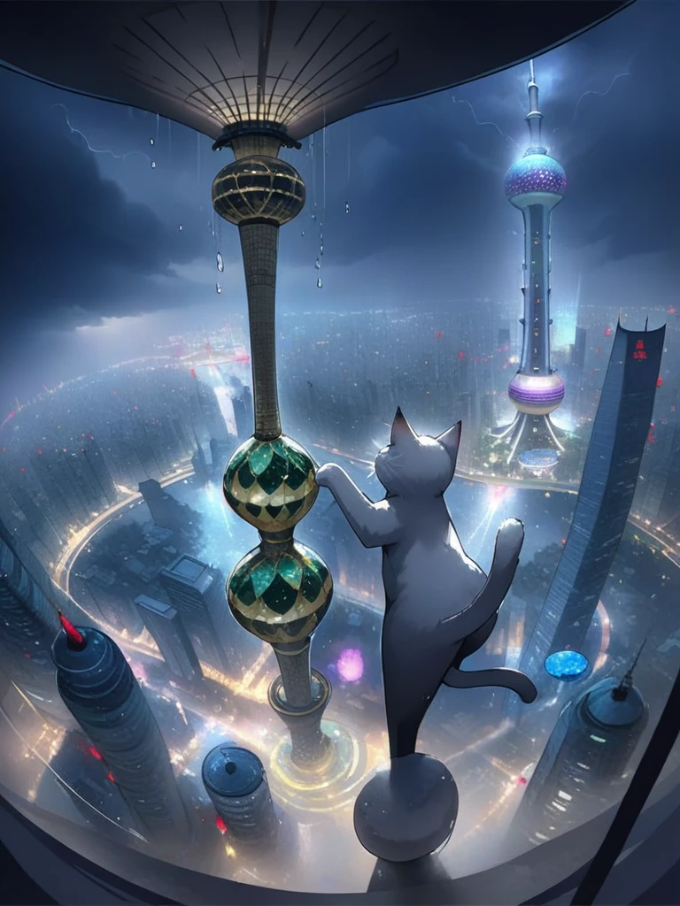 A cinematic masterpiece! A long shot captures the majestic scene: a colossal cat sprawled atop the Oriental Pearl Tower in Shanghai, umbrella in paw, as thunderstorms rage above and rain pours down. The cat's fur glistens with dew, while its eyes shine like polished onyx. In the background, city lights twinkle like diamonds. The framing emphasizes the tower's sleek curves, as a delicate balance of light and shadow defines the scene. Each strand of fur, each drop of rain, is meticulously rendered in high-definition, inviting the viewer to step into this extraordinary world.